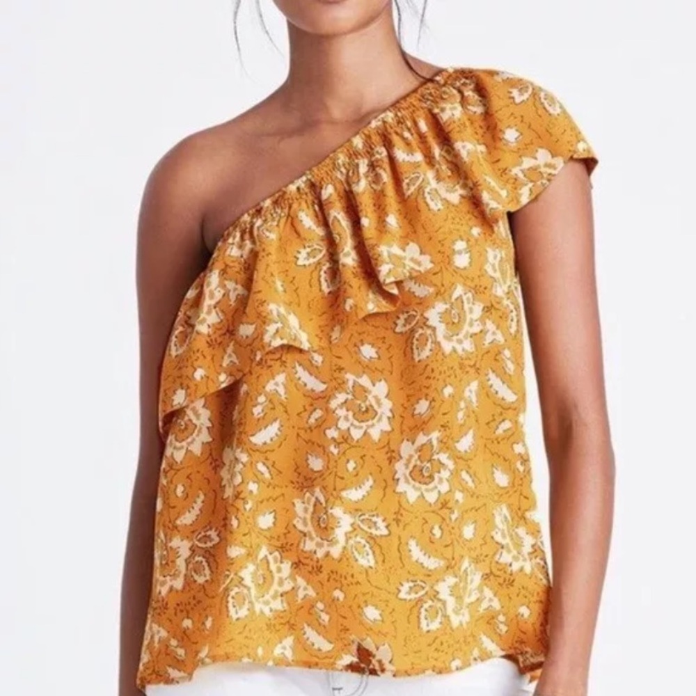 Madewell Yellow Floral One Shoulder Ruffle Tank Top Shirt 100% Silk Size…